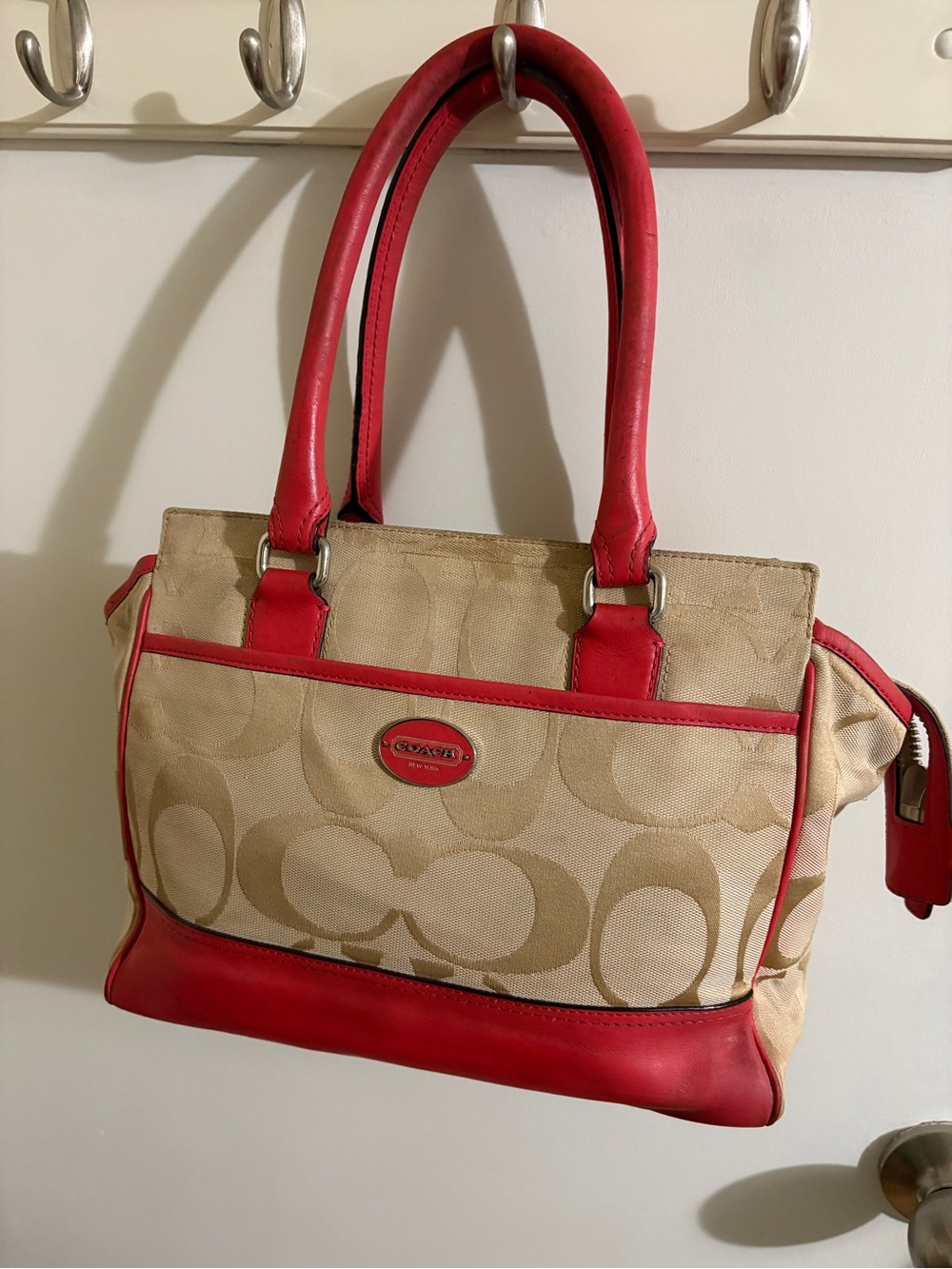 Y2k Coach Beige Signature Canvas Tote with Red Leather Trim